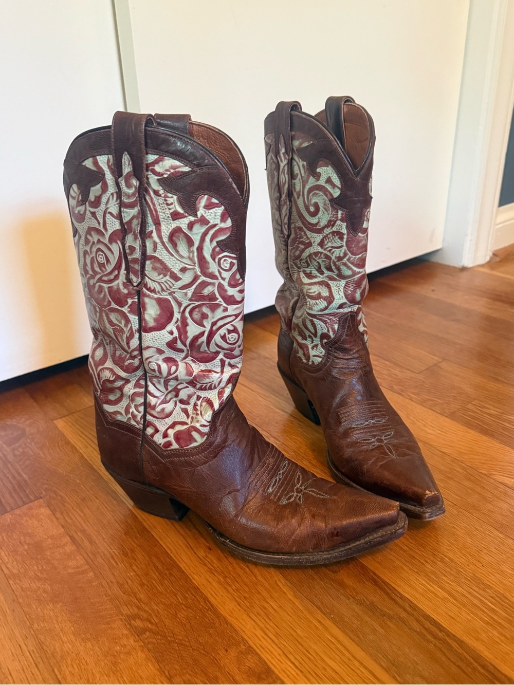 Dan Post Brown Leather Western Boots with Cream/Turquoise Embroidery